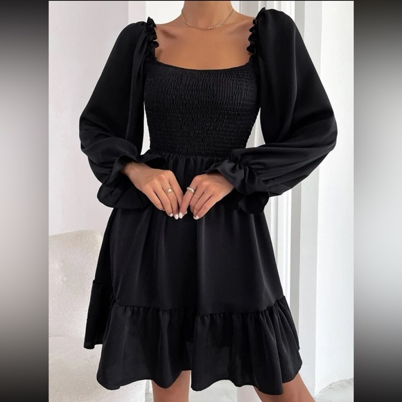 square neckline long sleeve ruffle shirred bust boho mini dress black - Picture 1 of 2